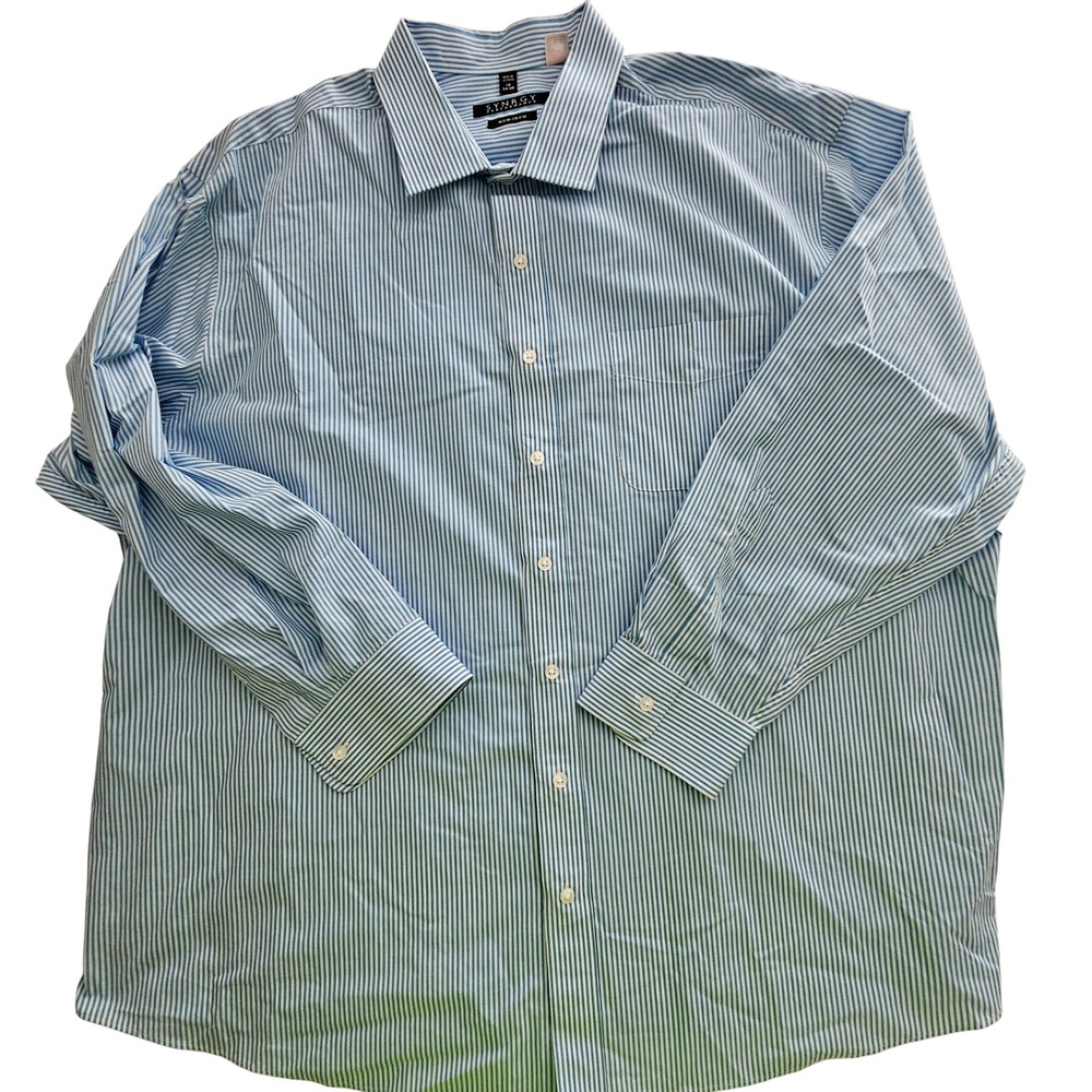 SYNRGY Performance Mens Dress Shirt 19 34/35 Blue White Striped Non-Iron‎